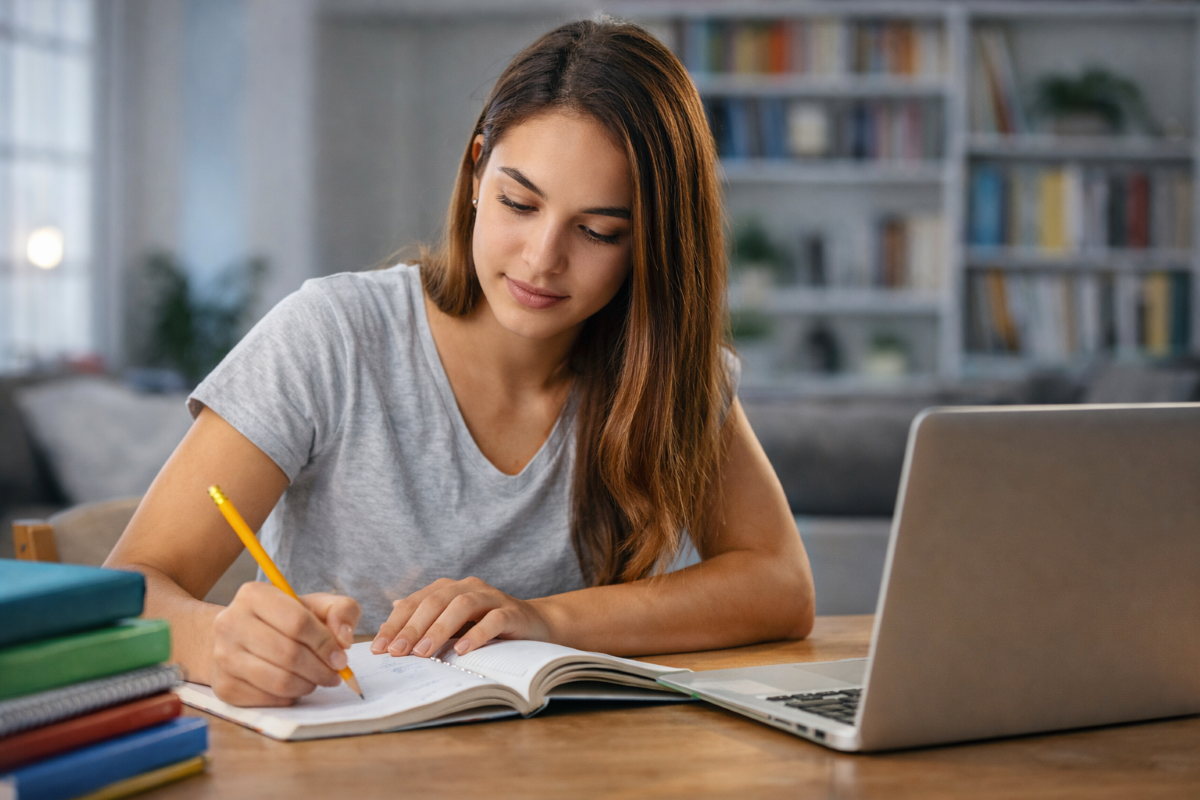 Concurso IBGE 2026 – Fique de olho nos próximos passos Jovem estudando com lápis, caderno e notebook sobre mesa