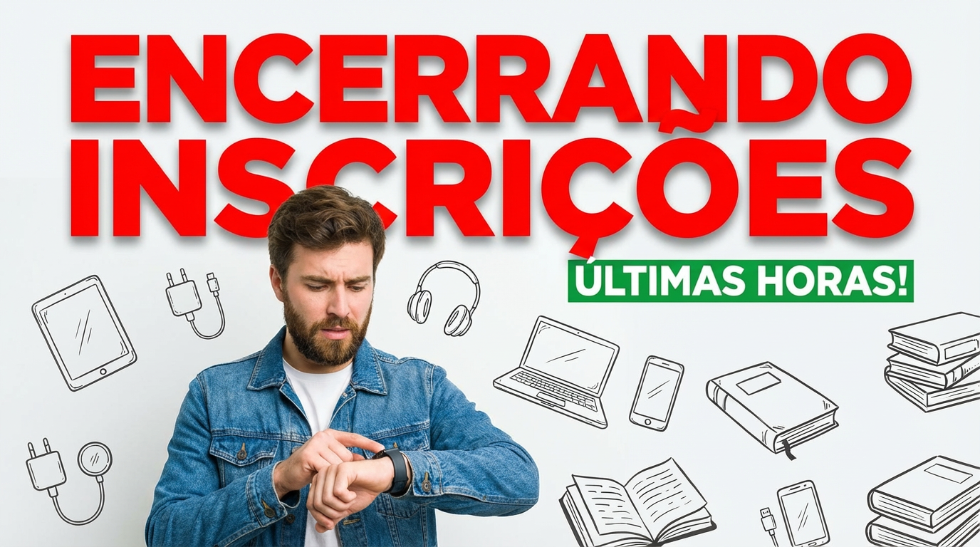 Inscrição Câmara Municipal Homem de barba e jaqueta jeans olha para smartwatch com expressão preocupada, texto vermelho "Encerrando Inscrições"