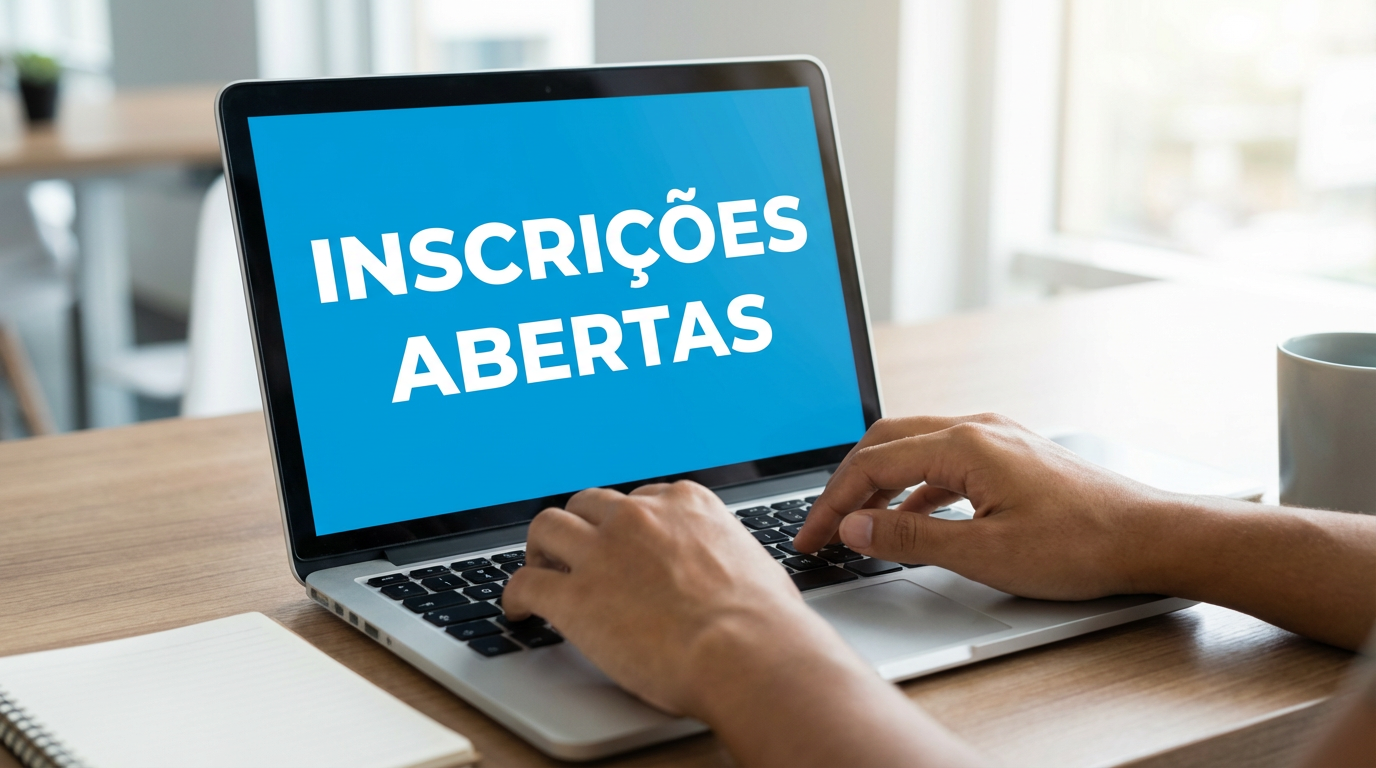 Inscrição Concurso NAV Brasil Mãos digitando em notebook prateado com tela azul exibindo "Inscrições Abertas" sobre mesa de madeira