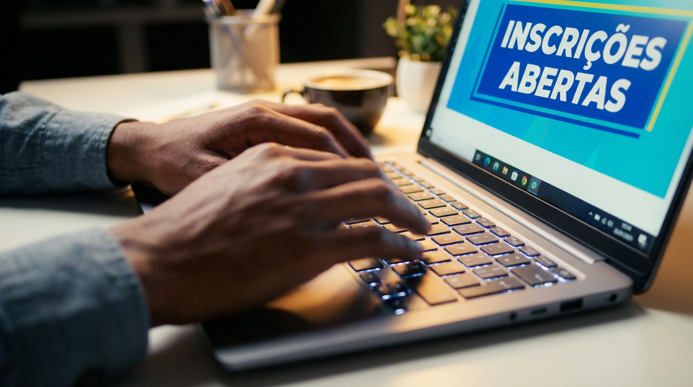 Inscrição Prefeitura Mãos digitando em teclado de notebook prateado exibindo banner "Inscrições Abertas" em fundo azul e amarelo