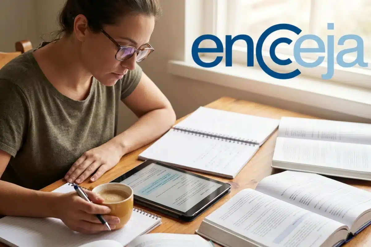 Inscrições Encceja 2026 Mulher de óculos estuda com tablet, livros e cadernos sobre mesa de madeira, com logo ENCCEJA visível