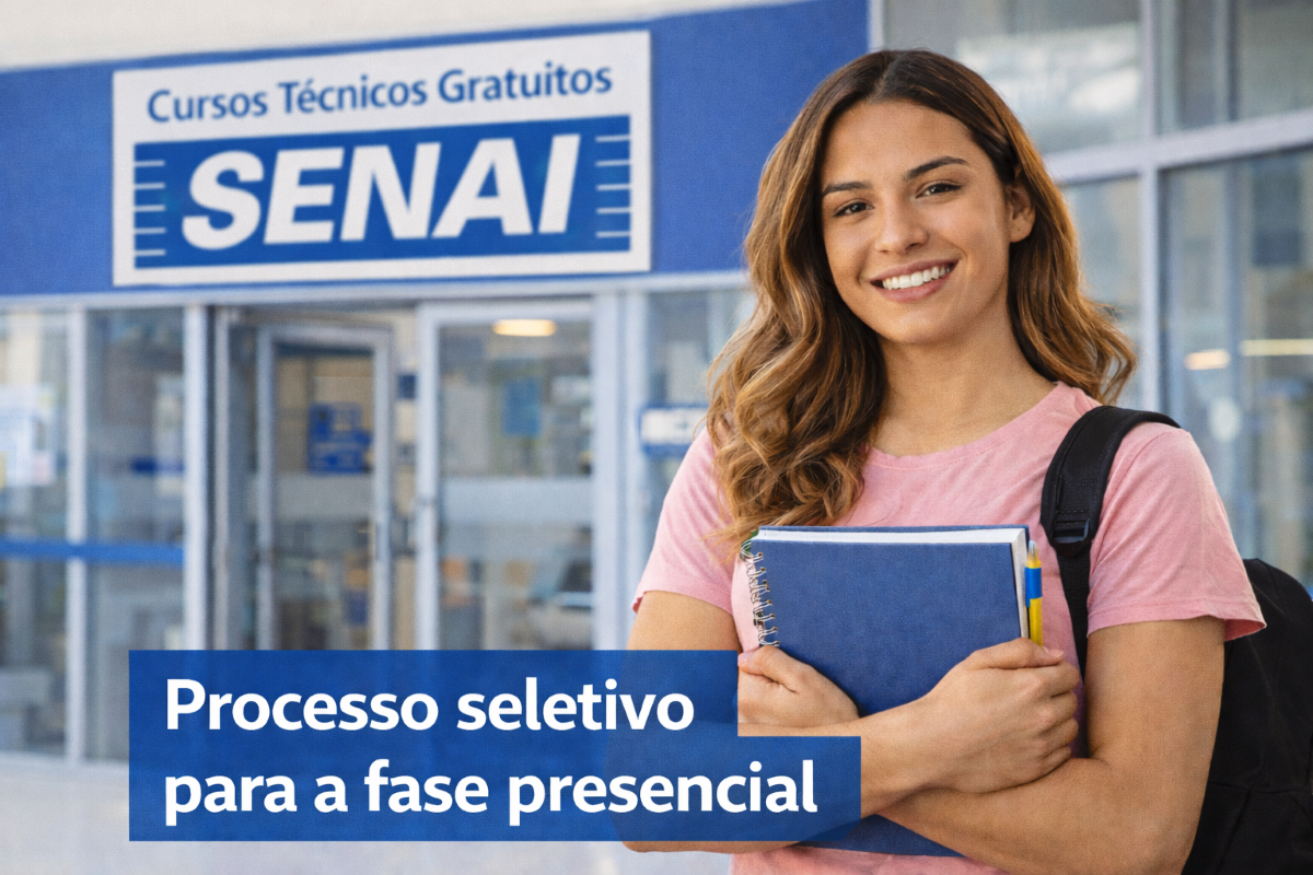 SENAI — Processo seletivo fase presencial 2026 Estudante sorrindo em frente à unidade SENAI