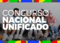 Grupo de 5 jovens sentados no chão sorrindo com mochilas, texto "Concurso Nacional Unificado" em destaque