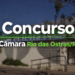 Fachada da Câmara Municipal de Rio das Ostras com texto "Concurso Câmara Rio das Ostras/RJ" em destaque