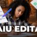 Jovem negra de cabelos cacheados escreve em caderno, rodeada por ícones de checklist, com texto "SAIU EDITAL"