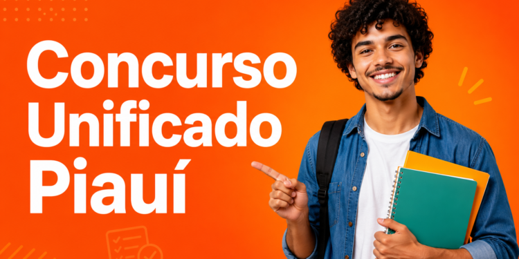 Jovem de cabelos cacheados sorri apontando para texto sobre Concurso Unificado Piauí com 200 vagas