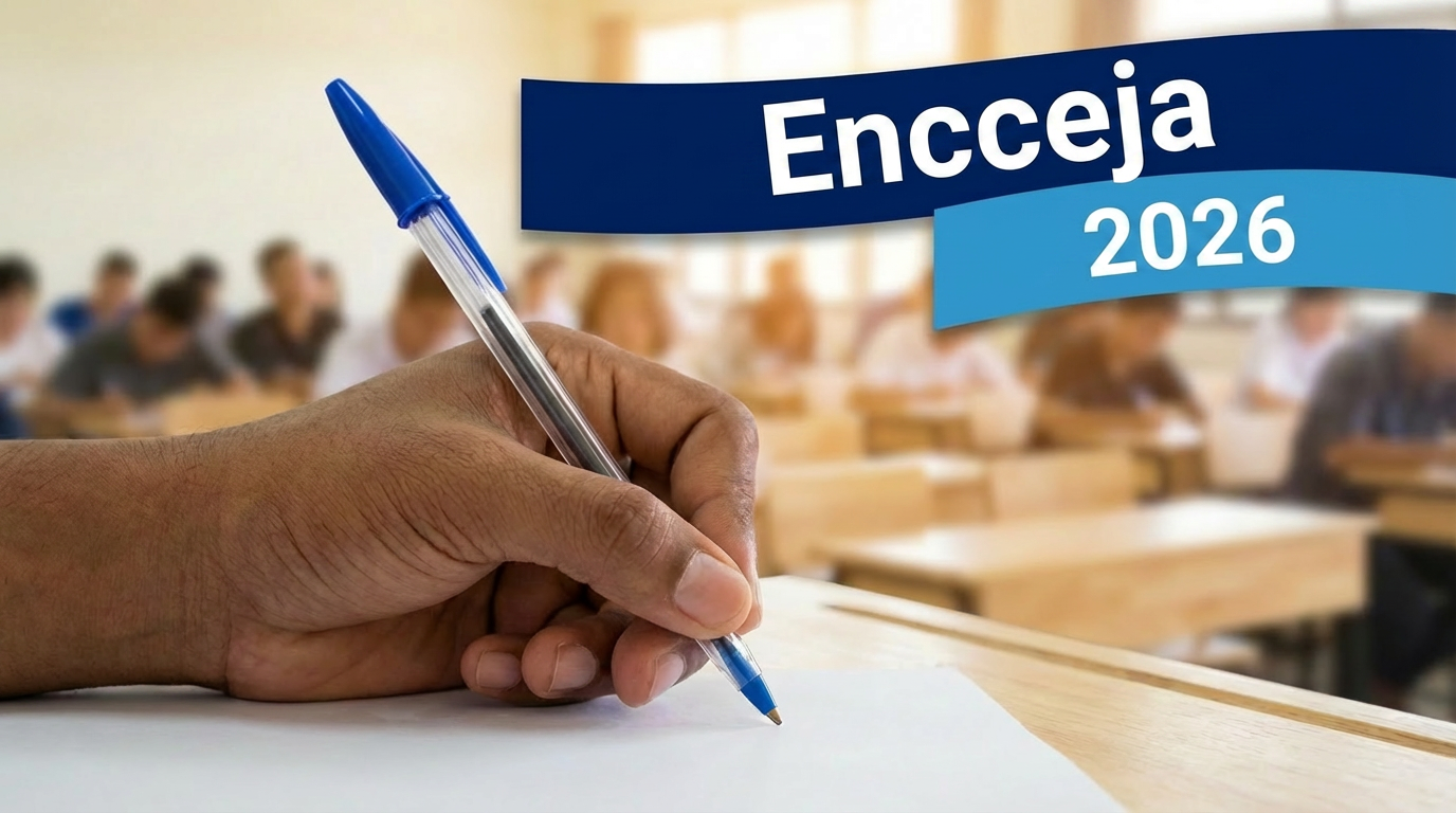 Encceja 2026 Mão segurando caneta azul escrevendo em papel branco, com texto "Encceja 2026" sobreposto à imagem de sala de aula