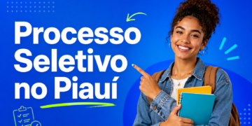 Jovem sorridente com cabelos cacheados e jaqueta jeans aponta para texto "Processo Seletivo no Piauí" em fundo azul