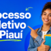 Jovem sorridente com cabelos cacheados e jaqueta jeans aponta para texto "Processo Seletivo no Piauí" em fundo azul